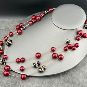 Coldwater Creek Burgundy Red Crystal Gold-Tone 3 Stand Layer Beaded Necklace VTG